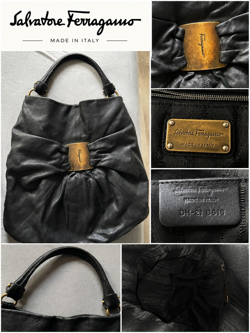 Salvatore Ferragamo Vara Bow Hobo Black Leather Shoulder Bag DH-21 B618 Made Ita